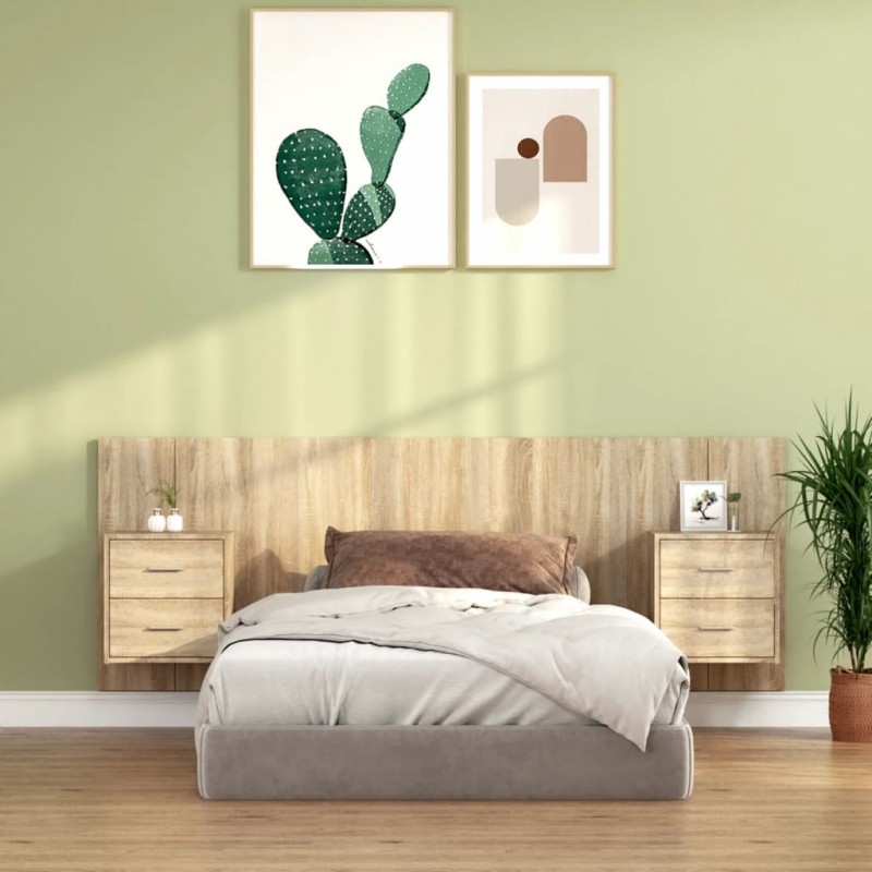 Testiera Letto con Comodini in Legno Multistrato Rovere Sonoma Testiera Letto con Comodini in Legno Multistrato Rovere Sonoma