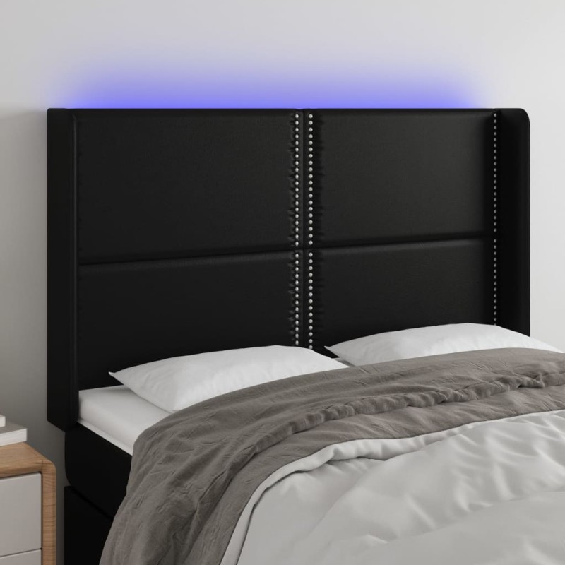 Testiera a LED Nera 147x16x118/128 cm in Similpelle Testiera a LED Nera 147x16x118/128 cm in Similpelle