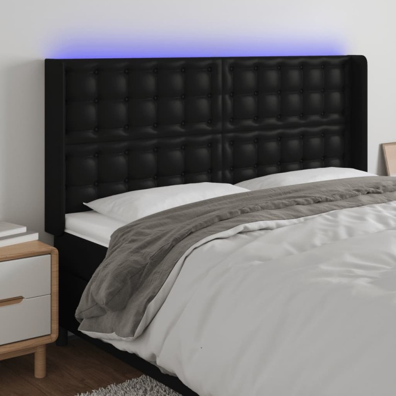 Testiera a LED Nera 147x16x118/128 cm in Similpelle Testiera a LED Nera 147x16x118/128 cm in Similpelle