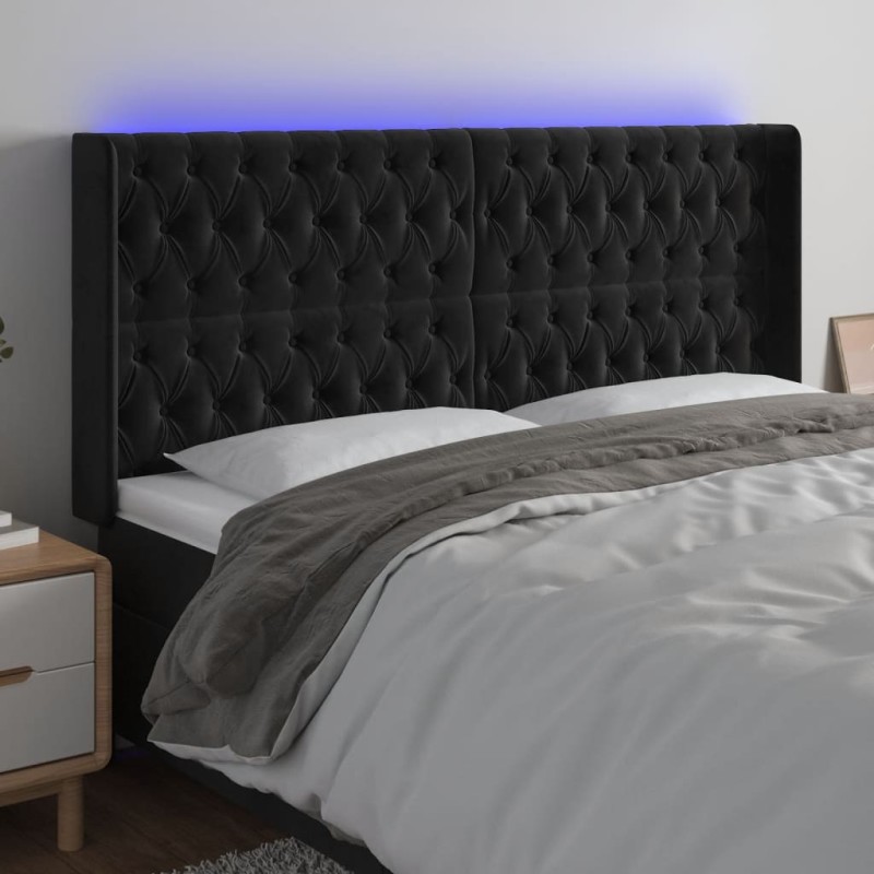 Testiera a LED Nera 203x16x118/128 cm in Velluto Testiera a LED Nera 203x16x118/128 cm in Velluto