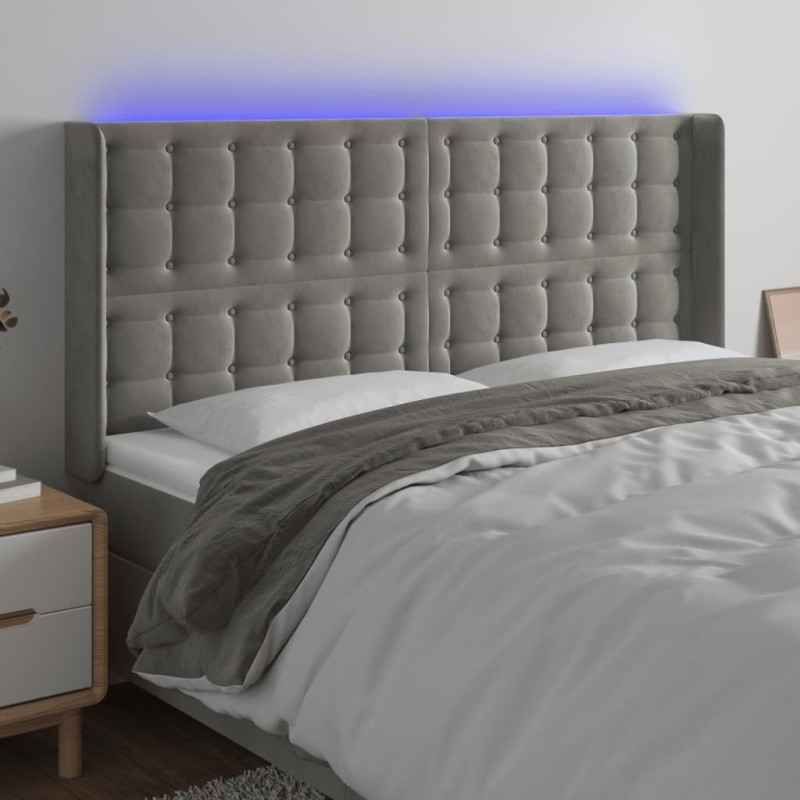 Testiera a LED Grigio Chiaro 183x16x118/128 cm in Velluto Testiera a LED Grigio Chiaro 183x16x118/128 cm in Velluto