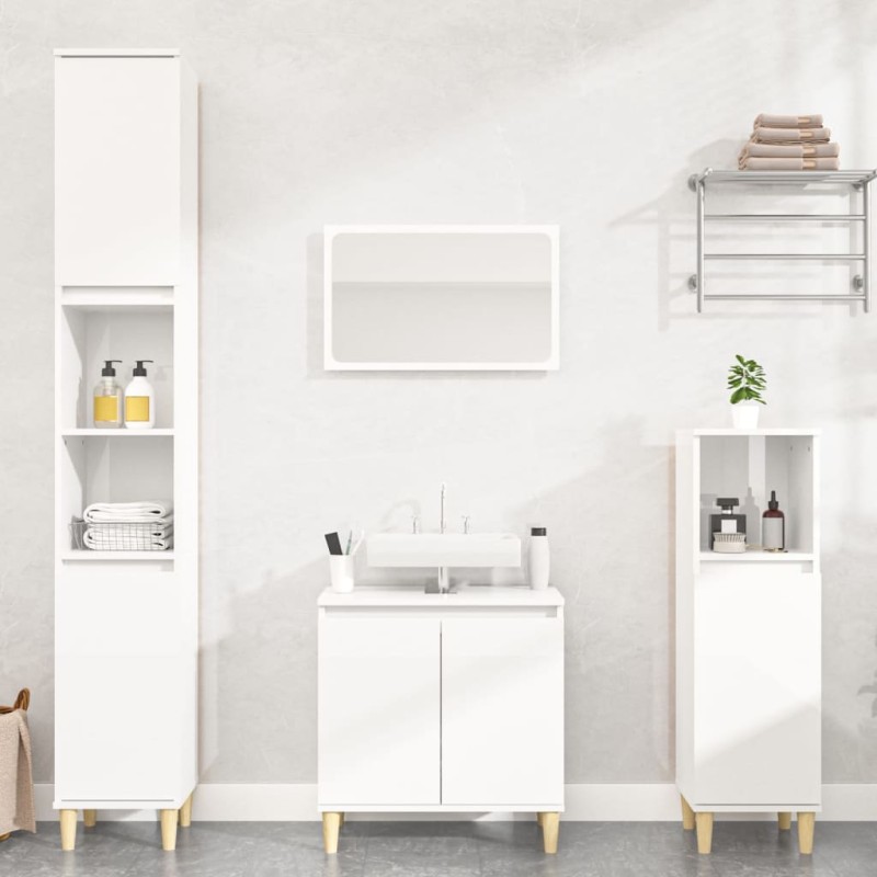 Set Mobili da Bagno 3 pz Bianco Lucido in Legno Multistrato Set Mobili da Bagno 3 pz Bianco Lucido in Legno Multistrato