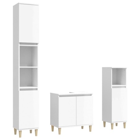 Set Mobili da Bagno 3 pz Bianco Lucido in Legno Multistrato