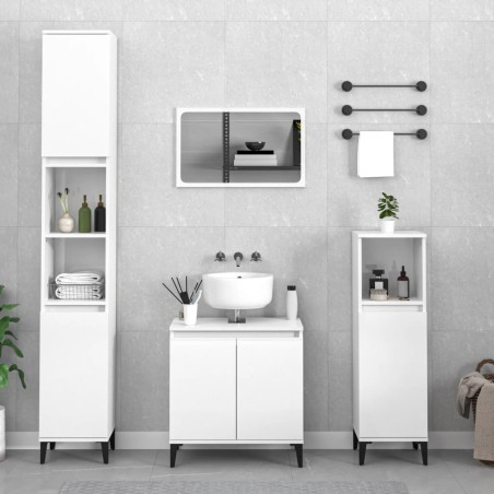 Set Mobili da Bagno 3 pz Bianco Lucido in Legno Multistrato