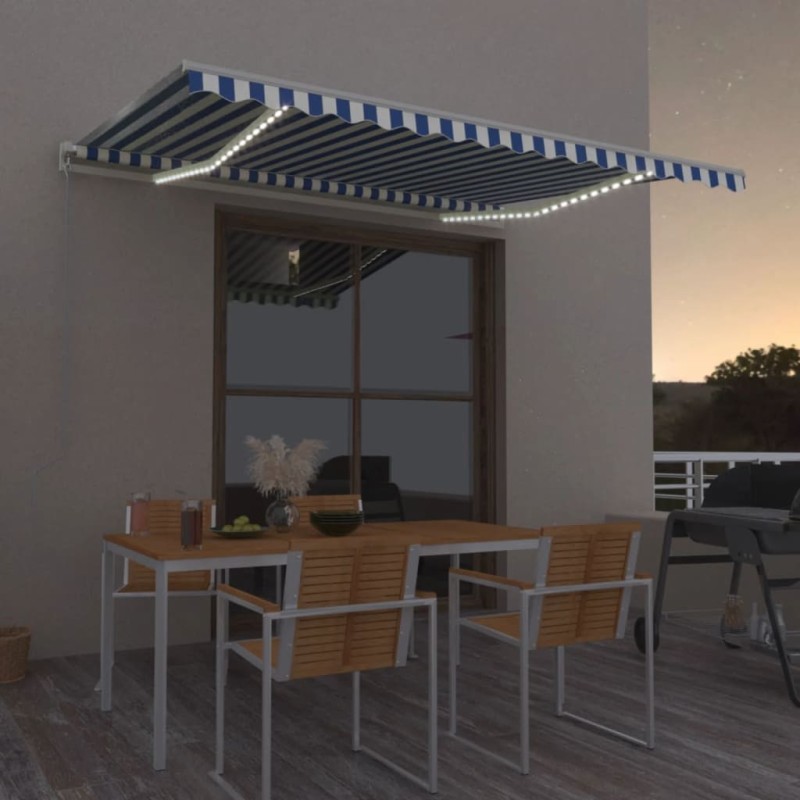 vidaXL Tenda Automatica con Sensore Vento e LED 450x350 cm Blu Bianca vidaXL Tenda Automatica con Sensore Vento e LED 450x350 cm Blu Bianca