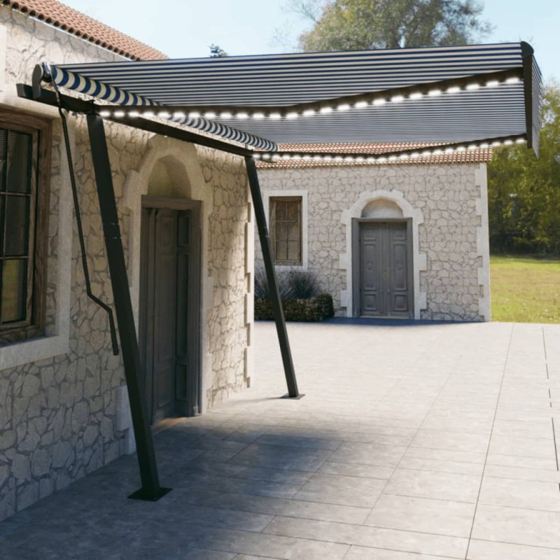 Tenda Automatica con Sensore Vento e LED 4,5x3 m Blu Bianca Tenda Automatica con Sensore Vento e LED 4,5x3 m Blu Bianca