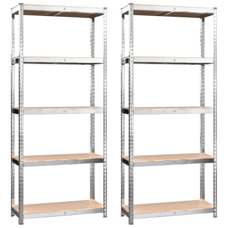 vidaXL Scaffali 5 Ripiani 2 pz Argento in Acciaio e Legno Multistrato