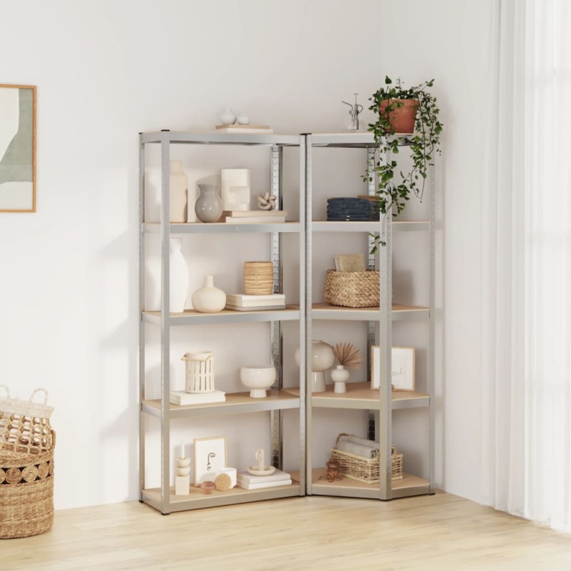 vidaXL Scaffali 5 Ripiani 2 pz Argento in Acciaio e Legno Multistrato vidaXL Scaffali 5 Ripiani 2 pz Argento in Acciaio e Legno Multistrato