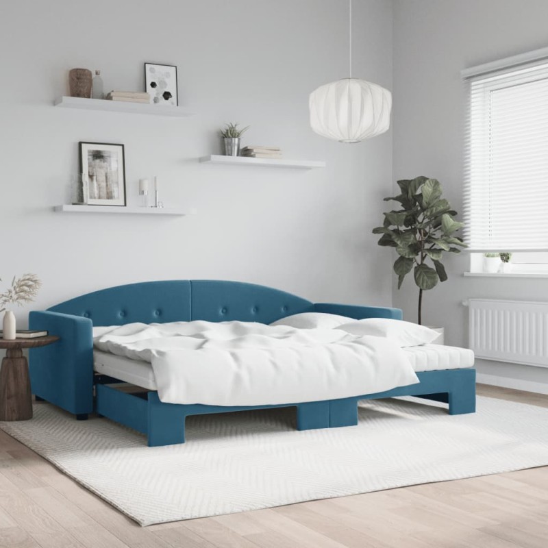 vidaXL Divano Letto Estraibile con Materassi Blu 90x200 cm Velluto vidaXL Divano Letto Estraibile con Materassi Blu 90x200 cm Velluto