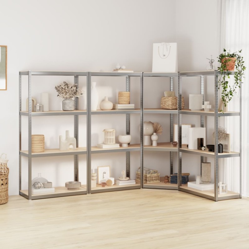 vidaXL Scaffali a 4 Ripiani 4 pz Argento Acciaio e Legno Multistrato vidaXL Scaffali a 4 Ripiani 4 pz Argento Acciaio e Legno Multistrato