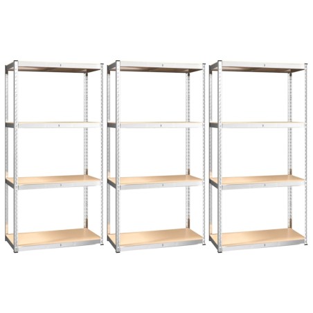 vidaXL Scaffali a 4 Ripiani 3 pz Argento Acciaio e Legno Multistrato