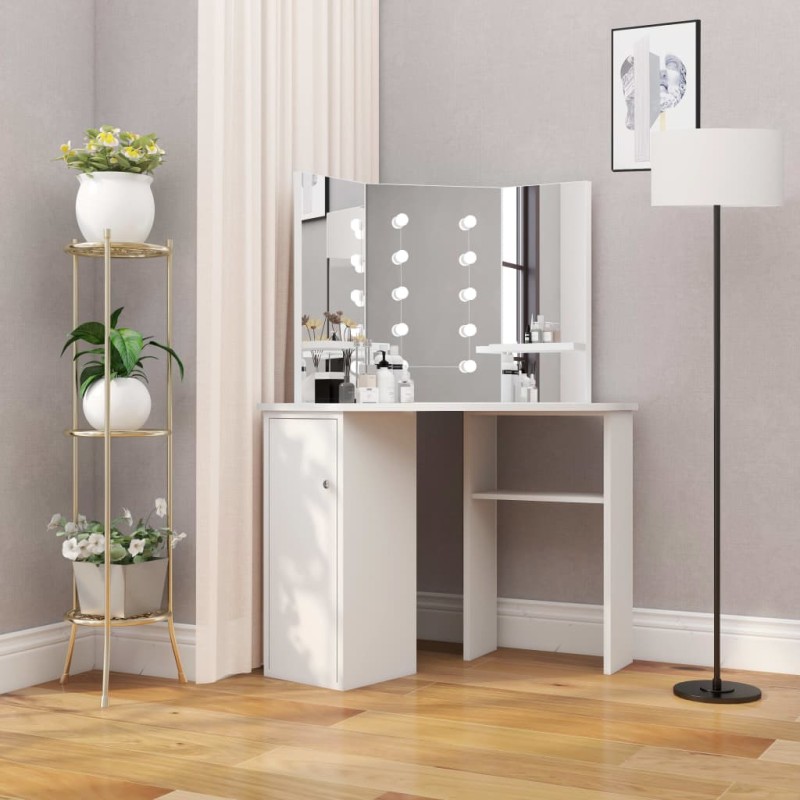 Toeletta Tavolino da Trucco ad Angolo con Luce LED Bianco Toeletta Tavolino da Trucco ad Angolo con Luce LED Bianco
