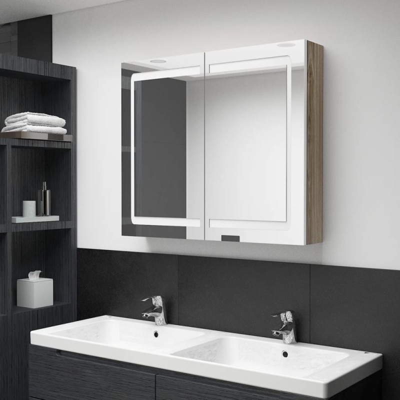 vidaXL Armadietto Bagno con Specchio e LED Bianco e Rovere 80x12x68 cm vidaXL Armadietto Bagno con Specchio e LED Bianco e Rovere 80x12x68 cm