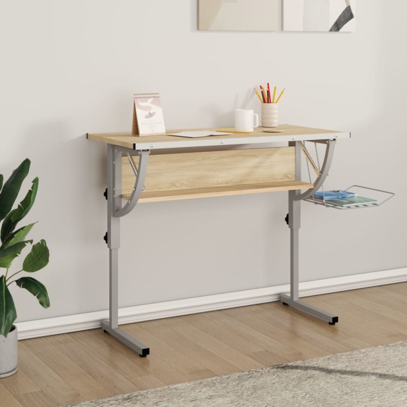 Scrivania Sonoma e Grigio 110x53x(58-87) cm Multistrato Acciaio Scrivania Sonoma e Grigio 110x53x(58-87) cm Multistrato Acciaio