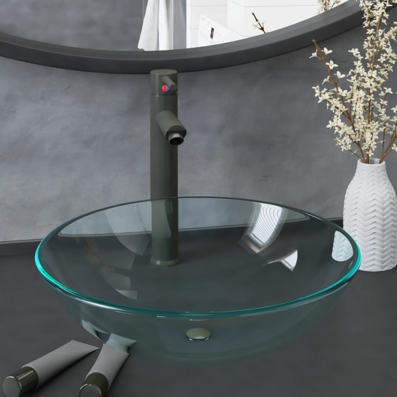 vidaXL Lavandino con Rubinetto e Piletta Vetro Temperato Trasparente