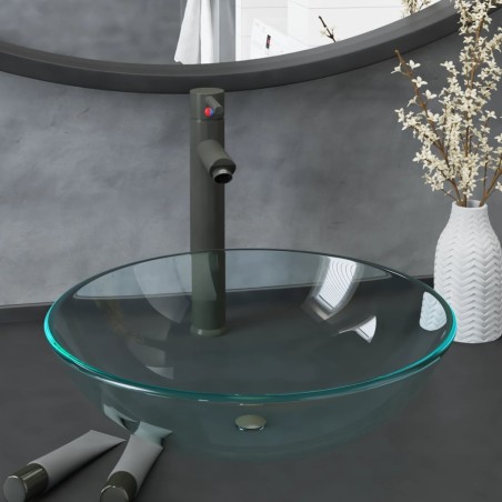 vidaXL Lavandino con Rubinetto e Piletta Vetro Temperato Trasparente