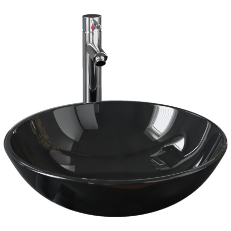 vidaXL Lavandino Bagno con Rubinetto e Piletta in Vetro Temperato Nero