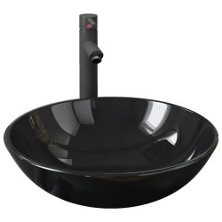 vidaXL Lavandino Bagno con Rubinetto e Piletta in Vetro Temperato Nero