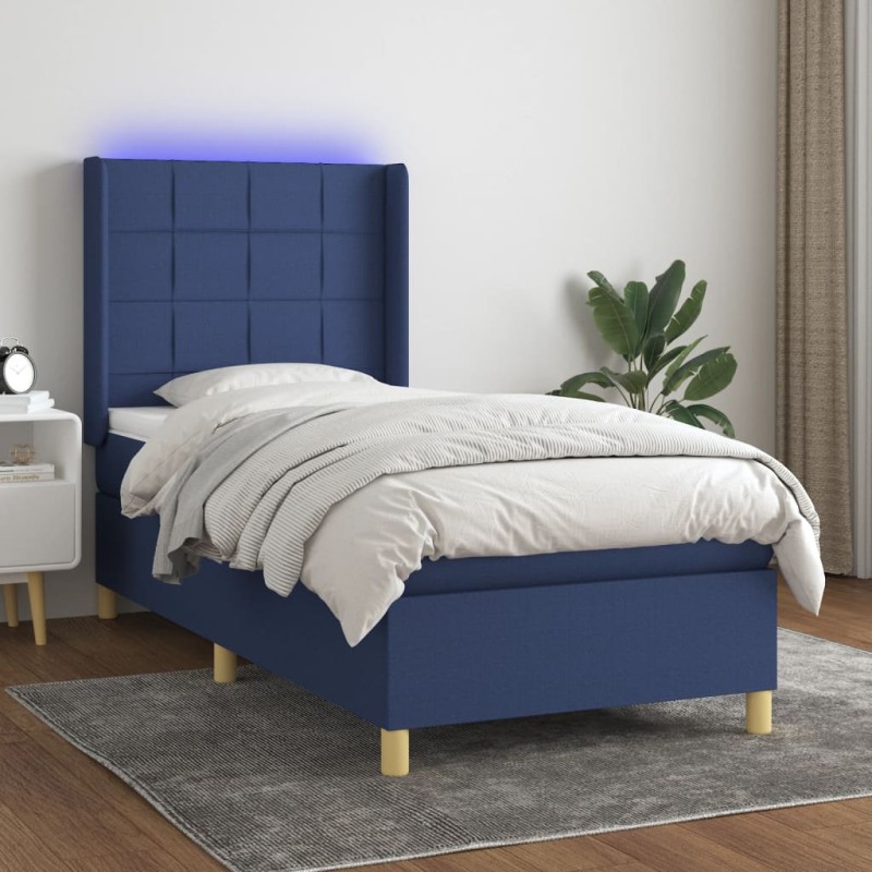 vidaXL Letto a Molle con Materasso e LED Blu 90x190 cm in Tessuto