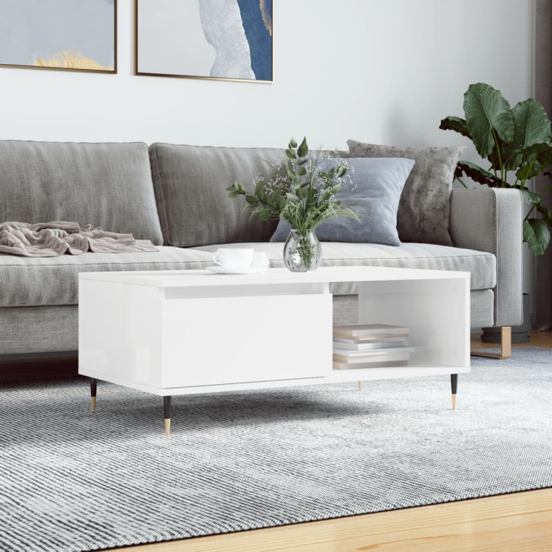 vidaXL Tavolino Salotto Bianco Lucido 90x50x36,5 cm Legno Multistrato