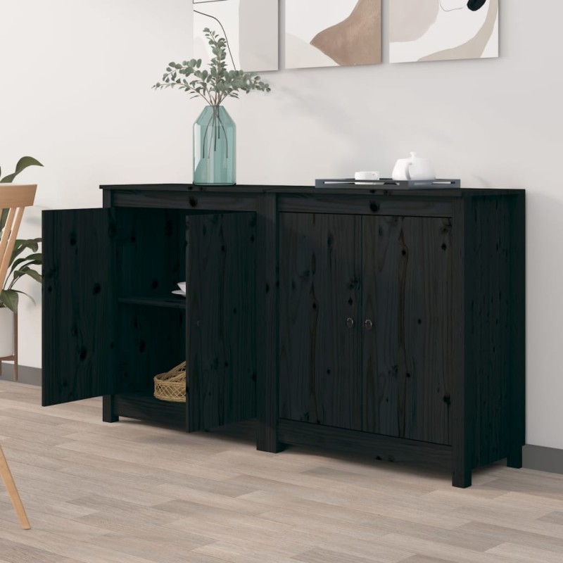 Credenze 2 pz Nero 70x35x80 cm in Legno Massello di Pino Credenze 2 pz Nero 70x35x80 cm in Legno Massello di Pino