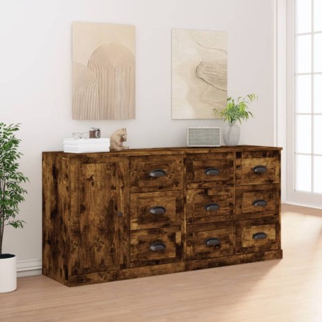 Credenze 3 pz Rovere Fumo in Legno Multistrato