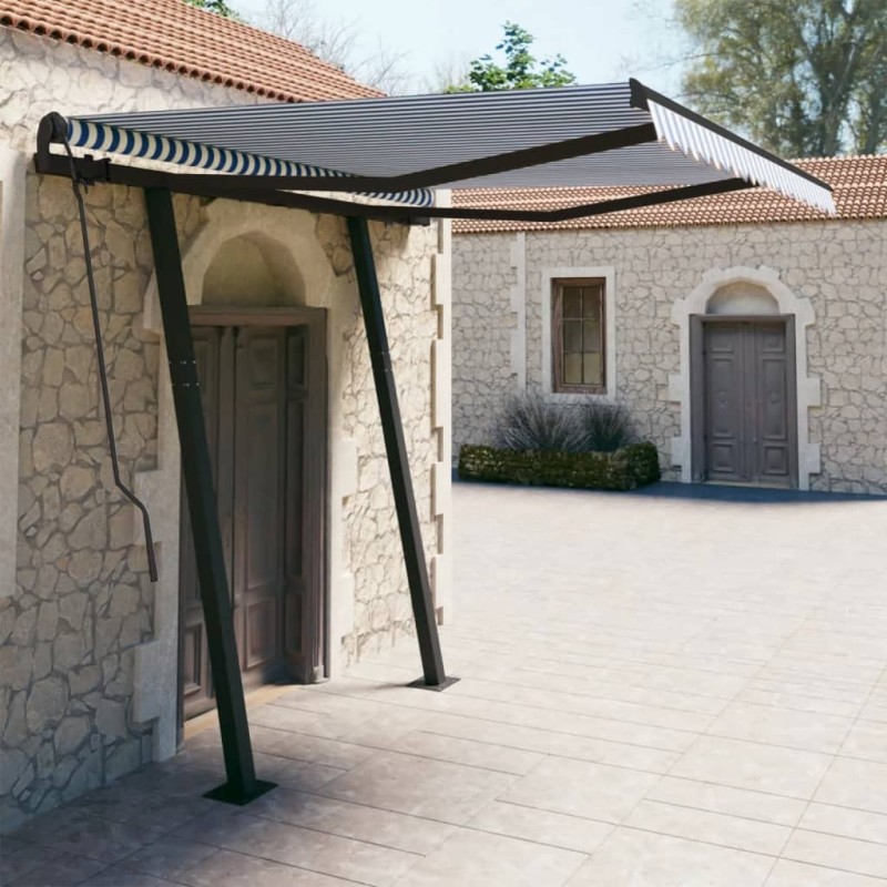 Tenda da Sole Retrattile Manuale con Pali 3x2,5 m Blu e Bianca Tenda da Sole Retrattile Manuale con Pali 3x2,5 m Blu e Bianca