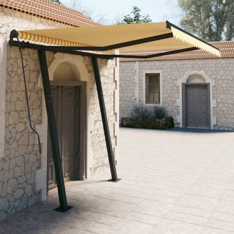 Tenda da Sole Retrattile Manuale e Pali 3x2,5 m Gialla e Bianca Tenda da Sole Retrattile Manuale e Pali 3x2,5 m Gialla e Bianca