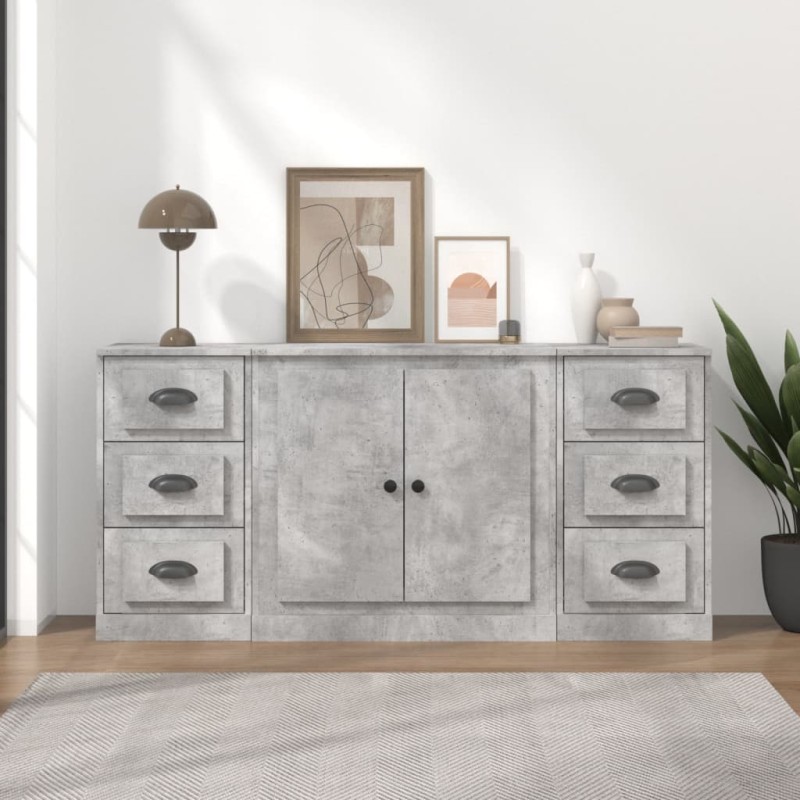 Credenze 3 pz Grigio Cemento in Legno Multistrato Credenze 3 pz Grigio Cemento in Legno Multistrato