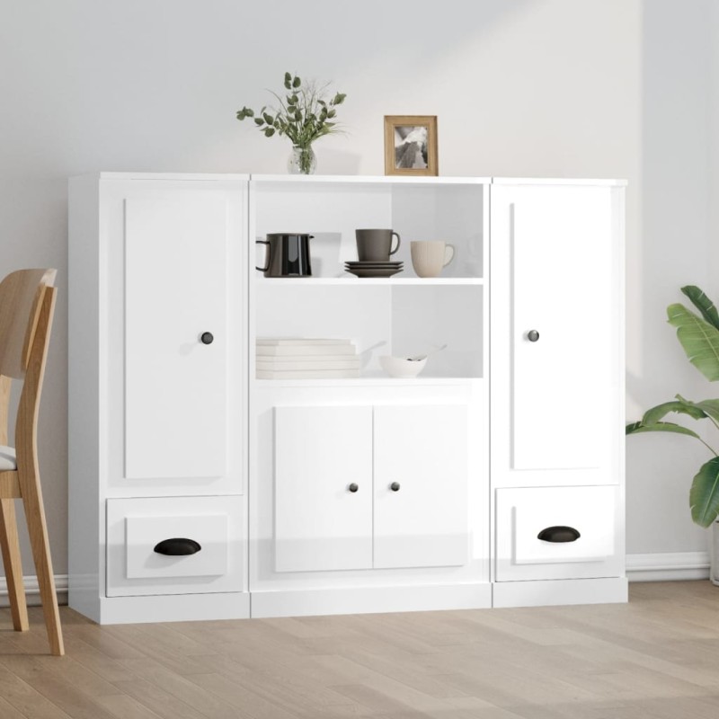 Credenze 3 pz Bianco Lucido in Legno Multistrato Credenze 3 pz Bianco Lucido in Legno Multistrato