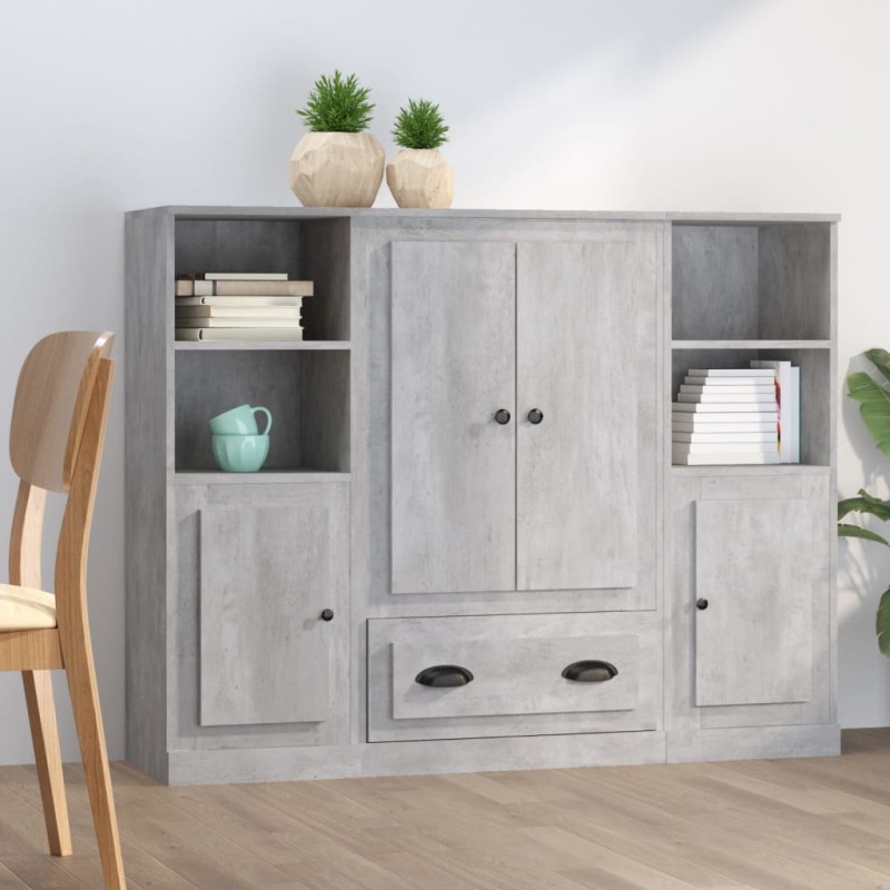 Credenze 3 pz Grigio Cemento in Legno Multistrato Credenze 3 pz Grigio Cemento in Legno Multistrato