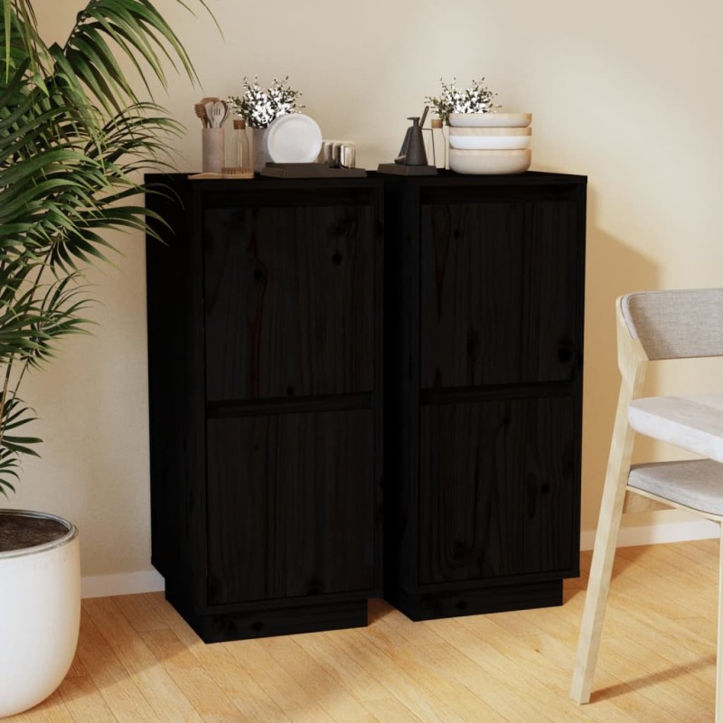 Credenze 2 pz Nero 31,5x34x75 cm in Legno Massello di Pino Credenze 2 pz Nero 31,5x34x75 cm in Legno Massello di Pino