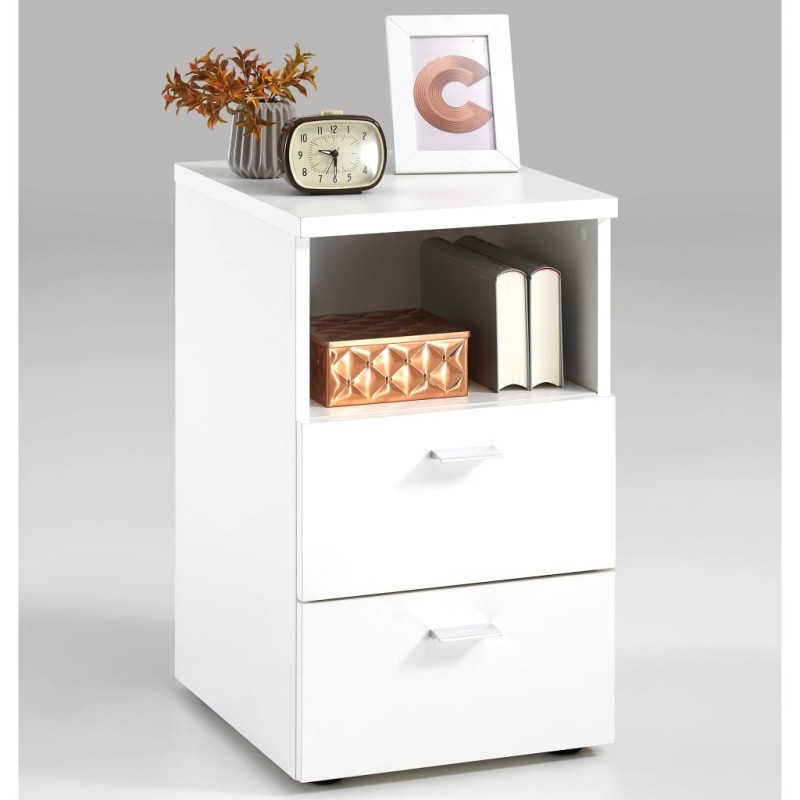 FMD Comodino con 2 Cassetti e Scomparto Aperto Bianco 652-001