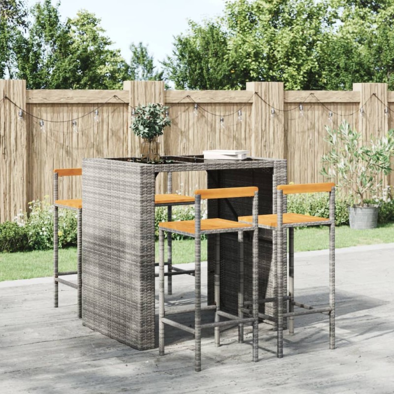 Sgabelli da Bar 4pz Grigi Polyrattan e Legno Massello di Acacia Sgabelli da Bar 4pz Grigi Polyrattan e Legno Massello di Acacia