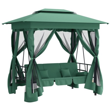 Gazebo con Panca a Dondolo Convertibile Verde Tessuto e Acciaio