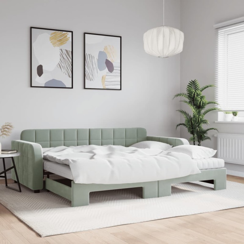vidaXL Divano Letto Estraibile Materassi Grigio Chiaro 90x200 Velluto vidaXL Divano Letto Estraibile Materassi Grigio Chiaro 90x200 Velluto