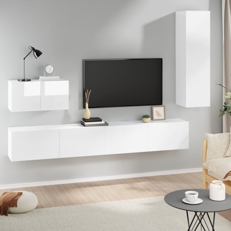 Set di Mobili Porta TV 4 pz Bianco Lucido in Legno Multistrato Set di Mobili Porta TV 4 pz Bianco Lucido in Legno Multistrato