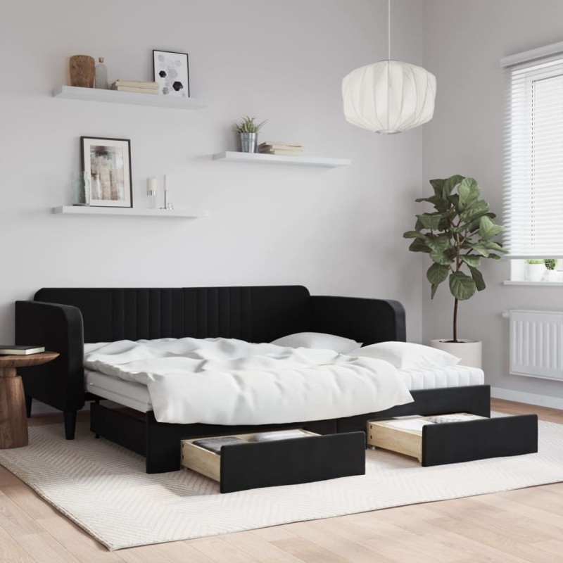 vidaXL Divano Letto Estraibile con Cassetti Nero 90x190 cm in Velluto vidaXL Divano Letto Estraibile con Cassetti Nero 90x190 cm in Velluto
