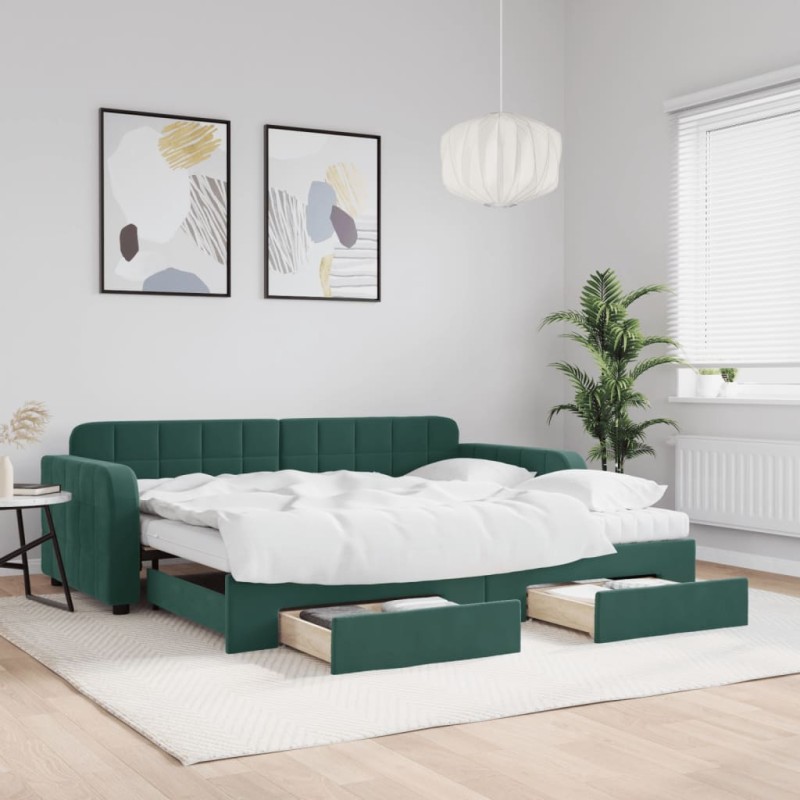 vidaXL Divano Letto Estraibile Cassetti Verde Scuro 90x200cm Velluto vidaXL Divano Letto Estraibile Cassetti Verde Scuro 90x200cm Velluto