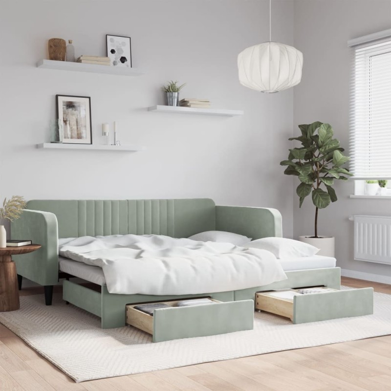 vidaXL Divano Letto Estraibile Cassetti Grigio Chiaro 90x190cm Velluto vidaXL Divano Letto Estraibile Cassetti Grigio Chiaro 90x190cm Velluto
