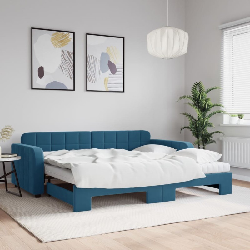 vidaXL Divano Letto Estraibile con Materassi Blu 90x200 cm Velluto vidaXL Divano Letto Estraibile con Materassi Blu 90x200 cm Velluto