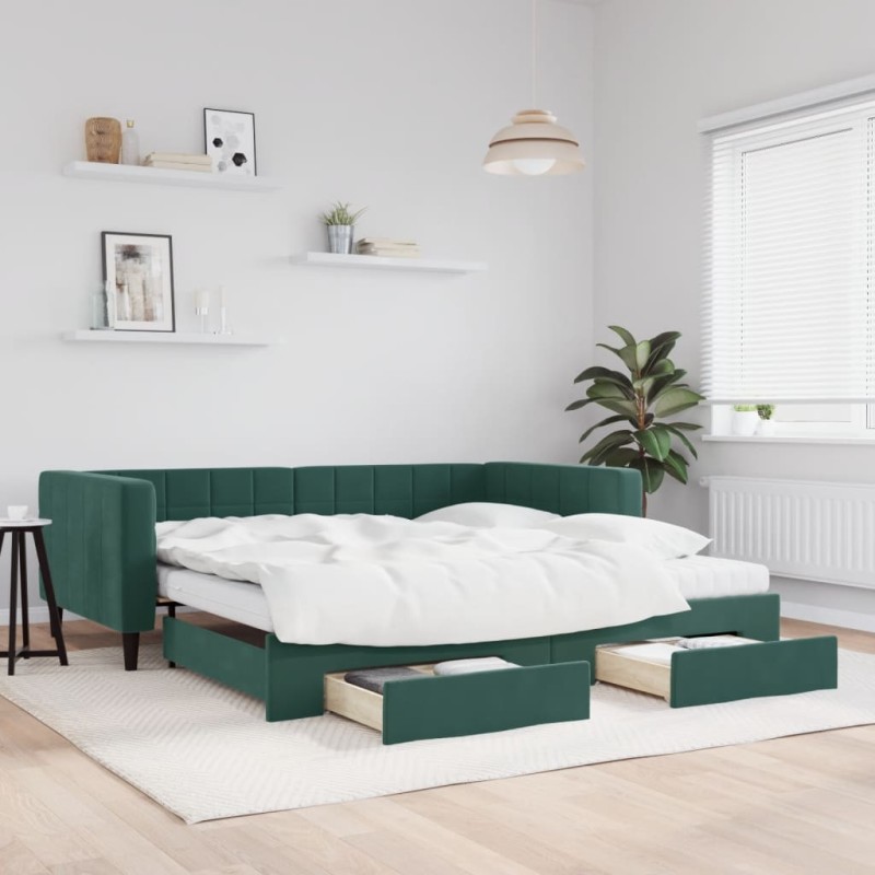 vidaXL Divano Letto Estraibile Cassetti Verde Scuro 100x200cm Velluto vidaXL Divano Letto Estraibile Cassetti Verde Scuro 100x200cm Velluto