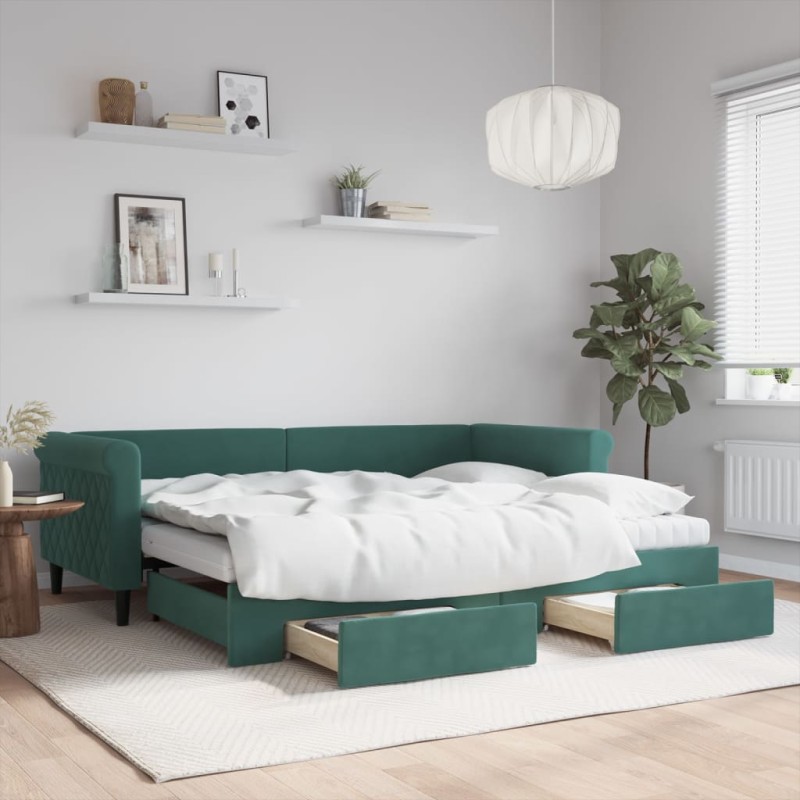 vidaXL Divano Letto Estraibile Cassetti Verde Scuro 90x200cm Velluto vidaXL Divano Letto Estraibile Cassetti Verde Scuro 90x200cm Velluto