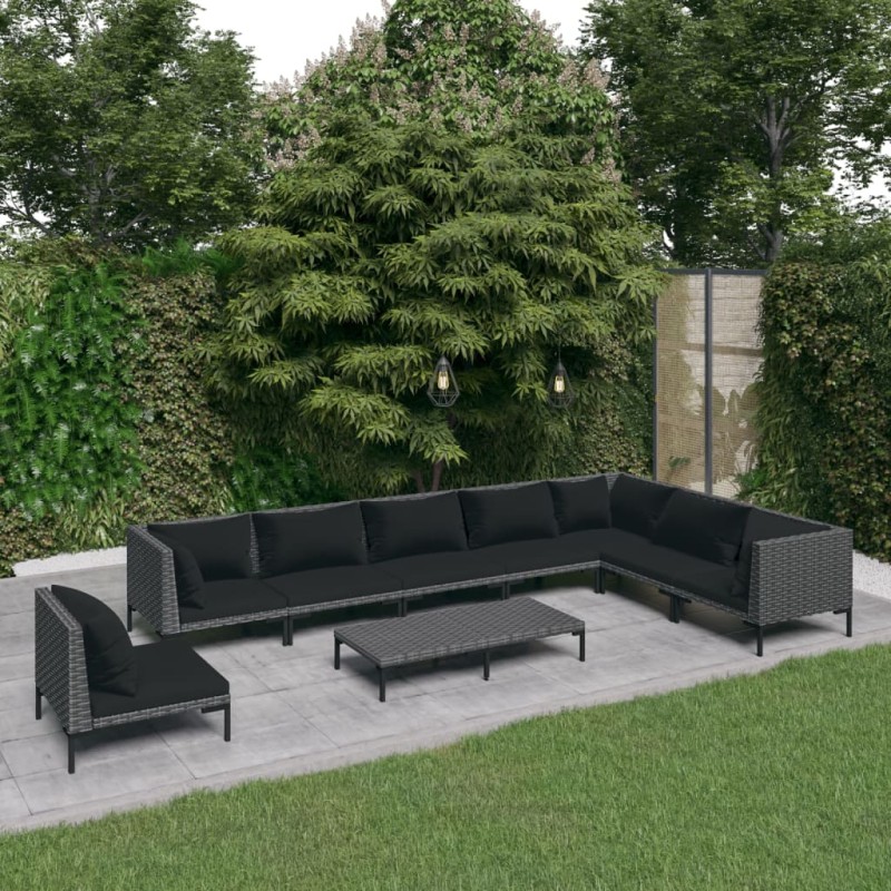 vidaXL Set Divani Giardino 9 pz con Cuscini in Polyrattan Grigio Scuro vidaXL Set Divani Giardino 9 pz con Cuscini in Polyrattan Grigio Scuro