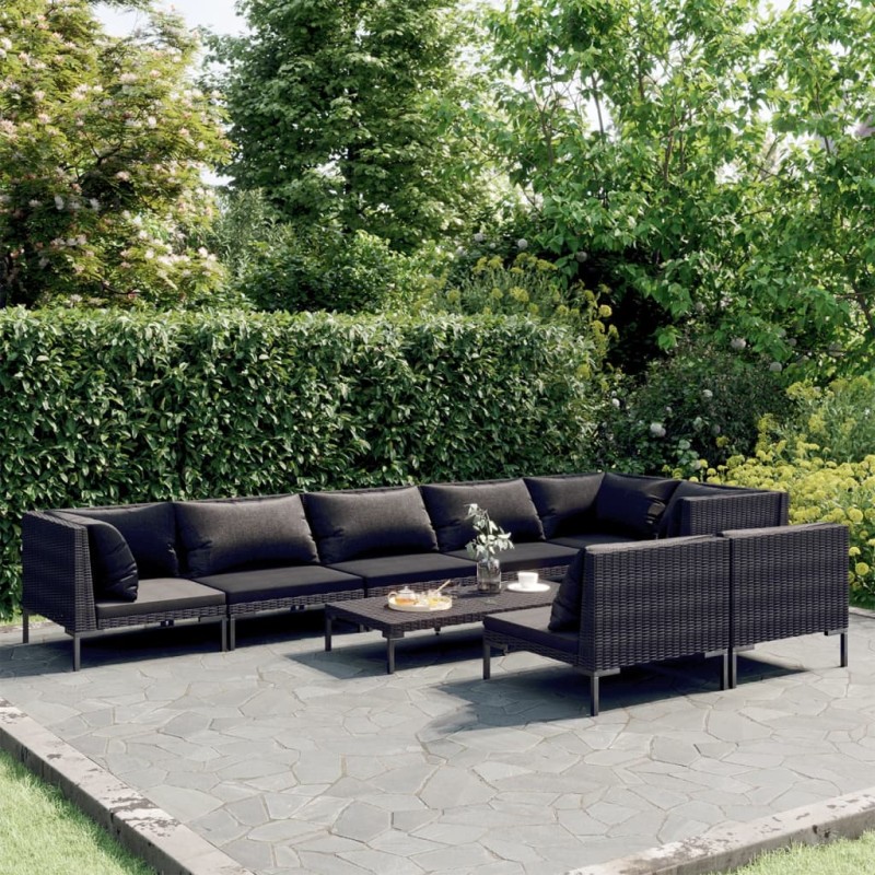 vidaXL Set Divani Giardino 9 pz con Cuscini in Polyrattan Grigio Scuro vidaXL Set Divani Giardino 9 pz con Cuscini in Polyrattan Grigio Scuro