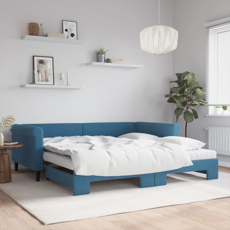 vidaXL Divano Letto Estraibile con Materassi Blu 100x200 cm Velluto vidaXL Divano Letto Estraibile con Materassi Blu 100x200 cm Velluto