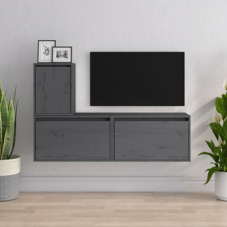 vidaXL Mobili TV 3 pz Grigi in Legno Massello di Pino