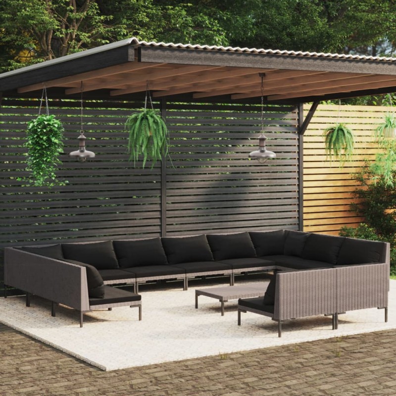 vidaXL Set Divani da Giardino 13pz con Cuscini Polyrattan Grigio Scuro vidaXL Set Divani da Giardino 13pz con Cuscini Polyrattan Grigio Scuro