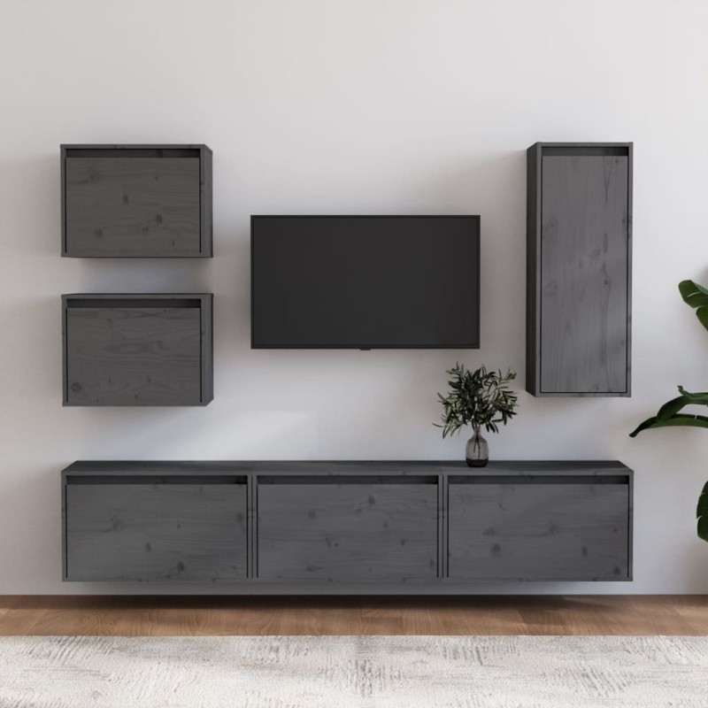 vidaXL Mobili TV 6 pz Grigi in Legno Massello di Pino