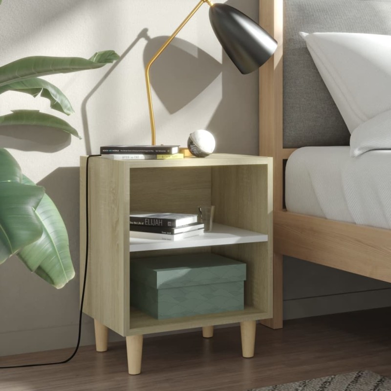vidaXL Comodini Gambe Legno Massello 2pz Rovere Sonoma Bianco 40x30x50 vidaXL Comodini Gambe Legno Massello 2pz Rovere Sonoma Bianco 40x30x50